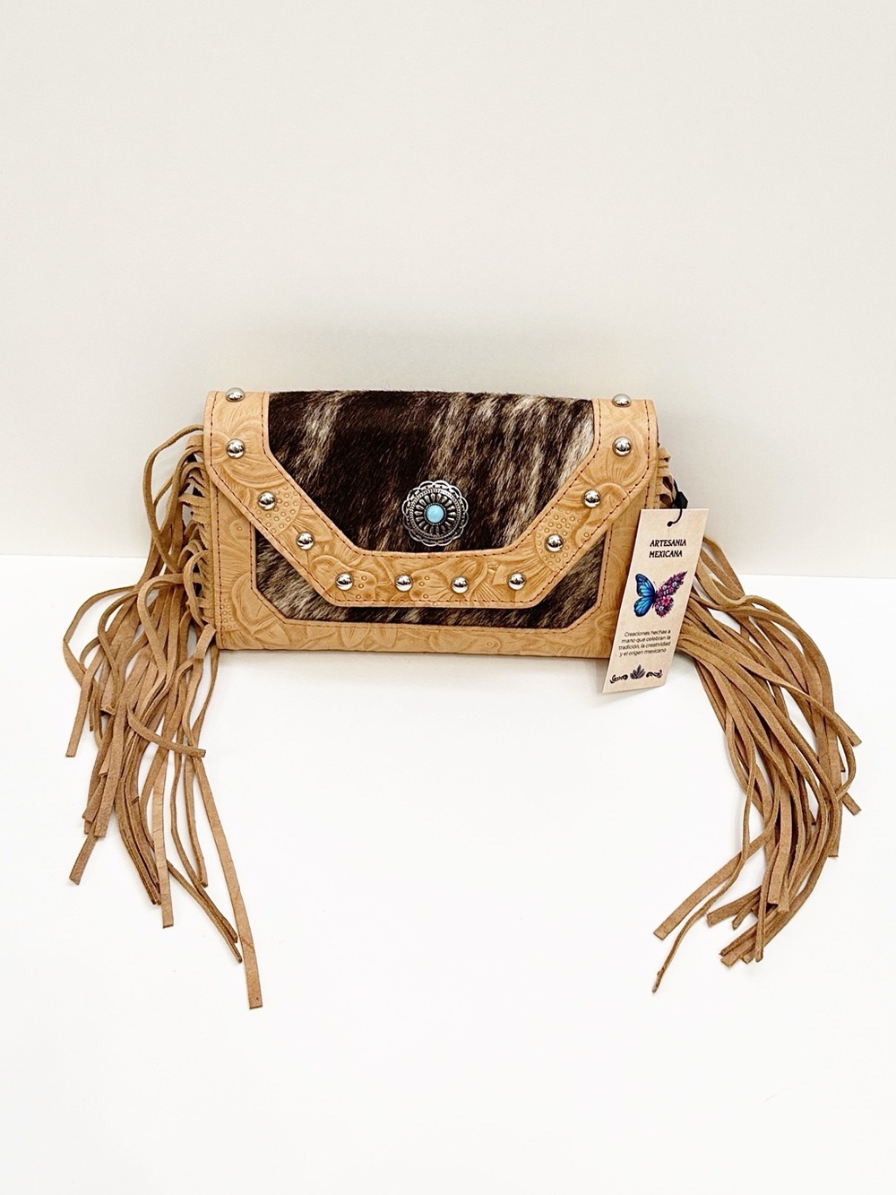 Boho Handmade Fringed Leather & Cowhide Crossbody Bag - Tan